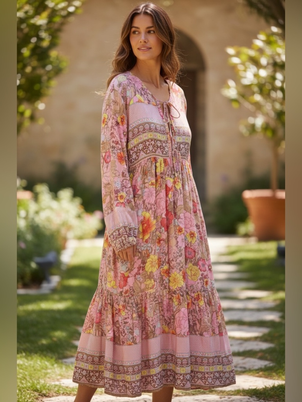 R Y Iposha Floral Print Midi  Long Sleeve V Neck Casual Loose Flowy Dress Size M